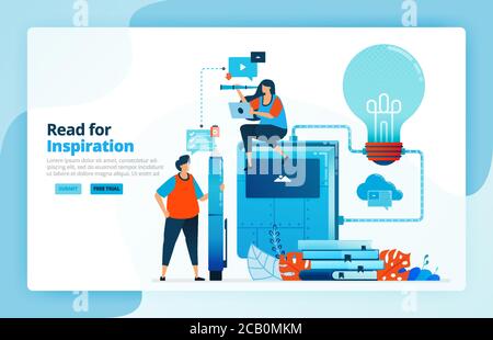 Vector illustration of activities from the reading process and getting ideas and inspiration. Brainstorm for problem solving, knowledge, critical thin Stock Vector