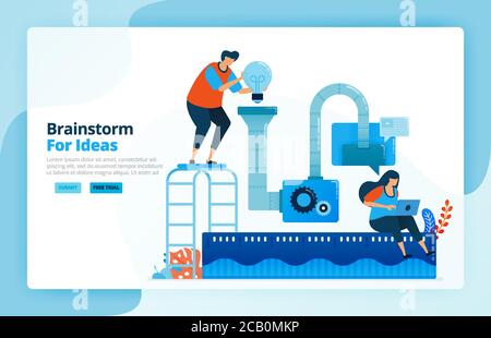 Vector illustration of activities from problem solving process and research idea with brainstorming. Teamwork collaboration, machines and discussions. Stock Vector