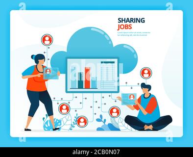 Vector illustration for jobs sharing and cloud network service. Human vector cartoon characters. Design for landing pages, web, website, web page, mob Stock Vector
