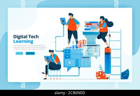 Vector illustration of activities from modern learning processes with technology, efficiency in education and distance learning. Learner communication Stock Vector