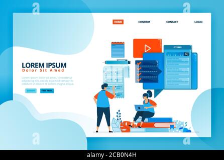 Cartoon illustrations for online learning and exam via mobile apps. Distance learning program for student development. Survey review system. Vector de Stock Vector