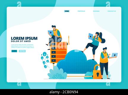 Cartoon illustration of security in cloud and database. Vector design for landing page website web banner mobile apps poster Stock Vector