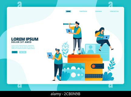 Cartoon illustration of wallet and finance. Vector design for landing page website web banner mobile apps poster Stock Vector