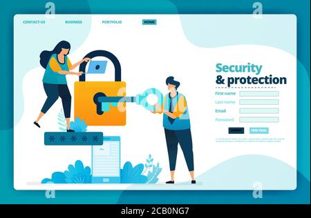 Landing page vector design of security and protection. Design for website, web, banner, mobile apps, poster, brochure, template, billboard, welcome pa Stock Vector