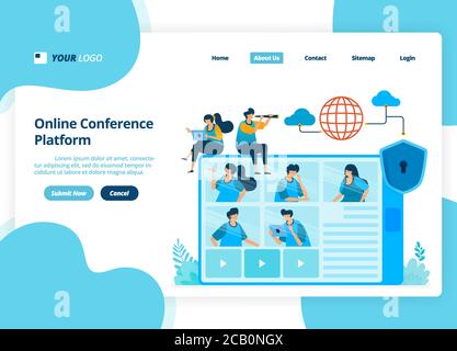 vector landing page design of online video conference. business meetings and discussions. illustration of landing page, website, mobile apps, poster, Stock Vector