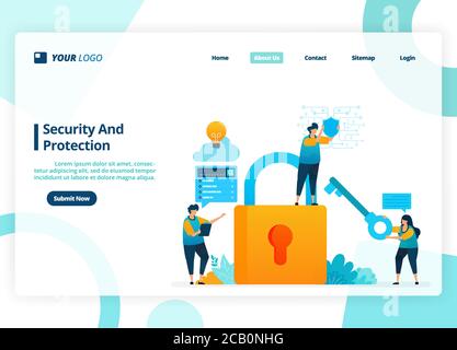 Vector landing page design of security and protection. Security system with a password. Illustration of landing page, website, mobile apps, poster, fl Stock Vector