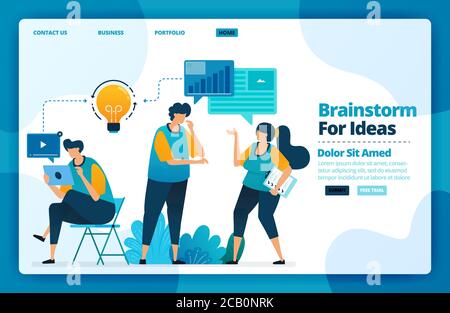 Landing page vector design of brainstorm for ideas. Design for website, web, banner, mobile apps, poster, brochure, template, billboard, welcome page, Stock Vector