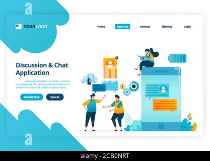 Vector landing page design of discussion and chat apps. Chatbot technology for mobile. Illustration of landing page, website, mobile apps, poster, fly Stock Vector
