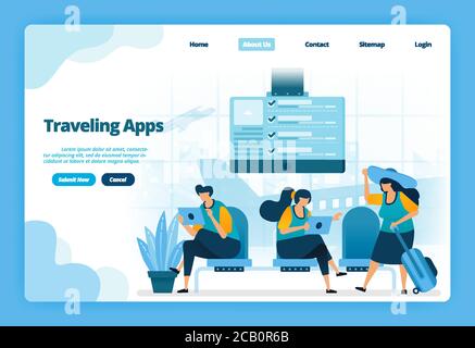 Landing page of traveling apps. Purchase flight tickets for holidays and business trips. Illustration of landing page, website, mobile apps, poster, f Stock Vector