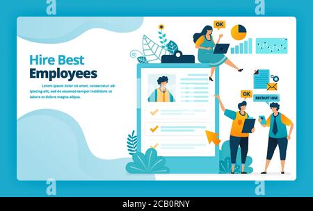 Vector illustration of landing page of hire best employees with exams and questionnaires to measure capacity and abilities. Design for website, web, b Stock Vector