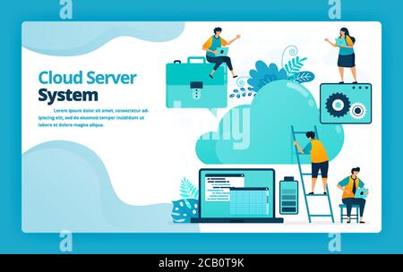 Vector illustration of landing page of cloud server system and hosting to organize, simplify and store work online. Design for website, web, banner, m Stock Vector