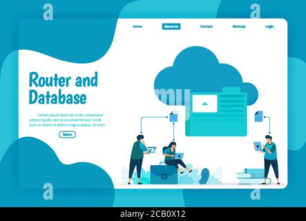 Landing page template of cloud and folder storage service. Organize network files and connections in the cloud to work on database. Illustration of la Stock Vector