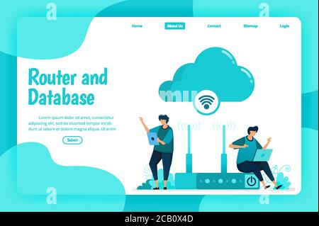 Landing page template of router and database service. Wifi network and infrastructure for internet connection and safe access. Illustration of landing Stock Vector