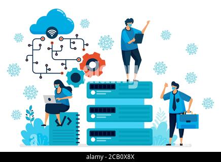 Vector illustration of cloud computing platform to support new normal work. Database tech for covid-19 pandemic. Design can be used for landing page, Stock Vector