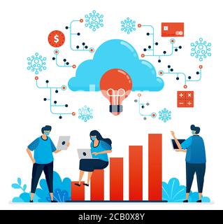 Vector illustration of working during covid 19 pandemic with cloud computing. New normal financial security network. Design can be used for landing pa Stock Vector