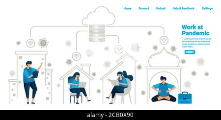 People working inside their homes using cloud server and datacenter technology during the new normal pandemic. Illustration design of landing page, we Stock Vector