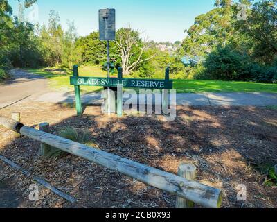 Sydney NSW Australia November 17th 2019 - Gladesville Reserve Wooden Sign in a sunny summer afternoon Stock Photo