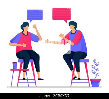People are chatting and brainstorming by sitting on high chairs, meetings and conversations. Illustrations can be used for websites, web pages, landin Stock Vector