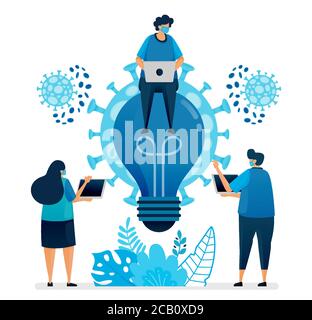 Vector illustration of business ideas and brainstorming to solve business problems at covid-19 pandemic and new normal. Design can be used for landing Stock Vector