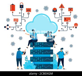 Vector illustration of cloud computing platform to support new normal work. Database tech for covid-19 pandemic. Design can be used for landing page, Stock Vector