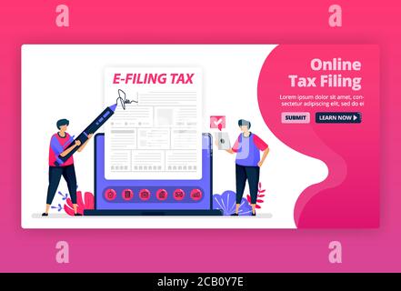 Vector illustration of filing and payment of income tax with online forms. Digital tax reporting with e-form. Tax bills apps. Can be used for landing Stock Vector