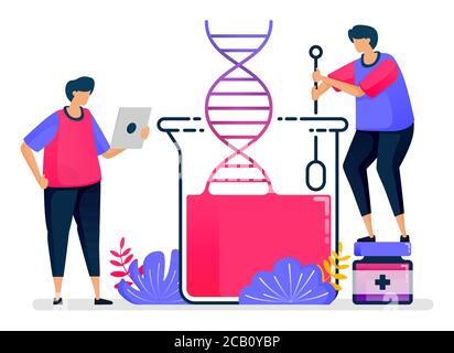 Flat vector illustration of dna experiments with glass chemistry. Biology and genetics learning. Design for healthcare. Can be used for landing page, Stock Vector