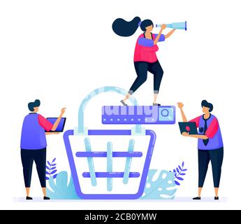 Vector illustration for online product shopping cart search. E commerce and checkout on the marketplace. Can be used for landing page, website, web, m Stock Vector