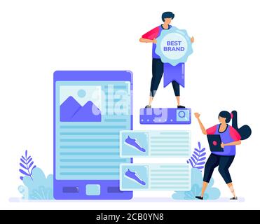 Vector illustration for look for product reviews for purchases at online store. Looking for best brand on buyer reviews. Can be used for landing page, Stock Vector