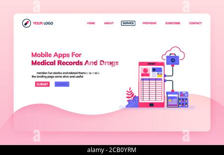 Landing page illustration template of mobile apps for medical records and drugs. Hospital system technology. Health themes. Can be used for landing pa Stock Vector