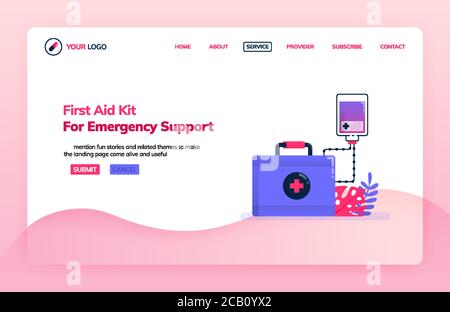 Landing page illustration template of first aid kit for emergency support. Infusion for emergency departments. Health themes. Can be used for landing Stock Vector