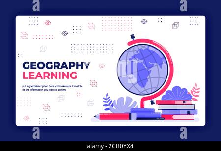 Landing page vector illustration of geography learning. Cartography for reading globe, maps, world atlases. Can be used for website web mobile apps po Stock Vector