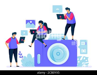 Vector illustration for digital camera or pocket camera. Simple cartoon camera. Sharing and sending photos to each other. Can be used for landing page Stock Vector