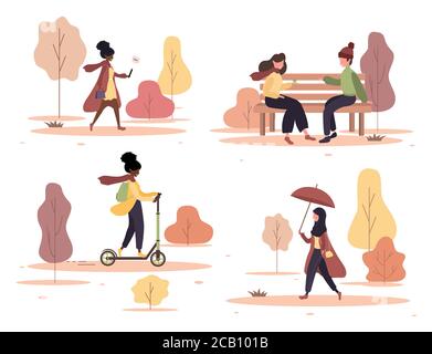 Happy people walks autumn park set. Young woman and man sitting on bench and talking. Citizens strolling with umbrellas, riding kick scooter. Vector Stock Vector