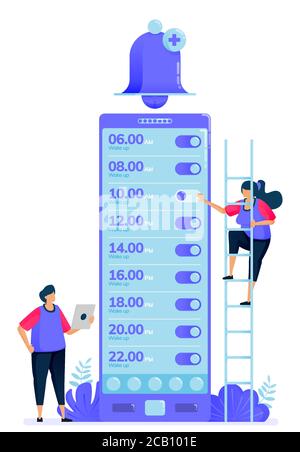 Vector illustration for checklist of alarm apps to wake up. Ring bell apps to remind and warn. Can be used for landing page, website, web, mobile apps Stock Vector