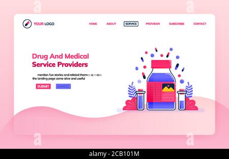 Landing page illustration template of drug service providers and chemical research lab for medical education. Health themes. Can be used for landing p Stock Vector