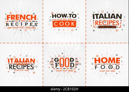 orange cooking book set for food and recipe magazines. Restaurant menu titles or badges for food stores and restaurants. Minimalist design for recipe Stock Vector