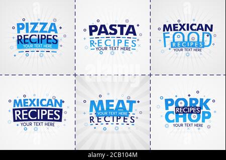 Blue cooking book set for food and recipe magazines. Restaurant menu titles or badges for food stores and restaurants. Minimalist design for recipe ba Stock Vector