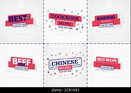 Pink cooking book set for food and recipe magazines. Restaurant menu titles or badges for food stores and restaurants. Minimalist design for recipe ba Stock Vector