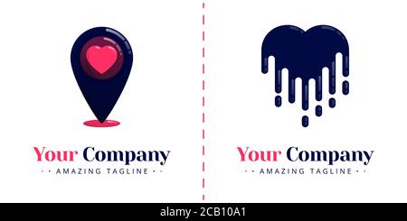 Love logos for online apps with the theme of location and pin, as well as love logos that are melted falling. Templates can be used for corporate, app Stock Vector