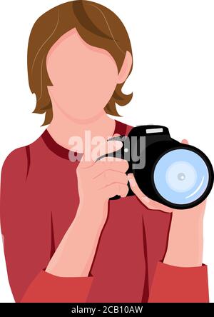 Girl making a photo. Woman with digital photo camera in her hands. Professional photographer. Vector illustration. Stock Vector