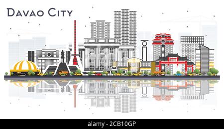 Davao City Philippines Skyline with Gray Buildings and Reflections Isolated on White Background. Vector Illustration. Business Travel and Tourism. Stock Vector