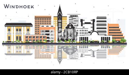 Windhoek Namibia City Skyline with Color Buildings and Reflections Isolated on White. Vector Illustration. Stock Vector
