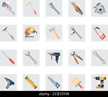 set of icons with construction tools and carpentry on white background vector illustration design Stock Vector