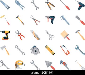 set of icons with construction tools and carpentry in white background vector illustration design Stock Vector