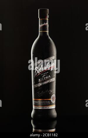 Tel Aviv, Israel - August 2, 2020: A bottle of elite 'Belenkaya' vodka with a beautiful illumination on a black background with reflection. Stock Photo