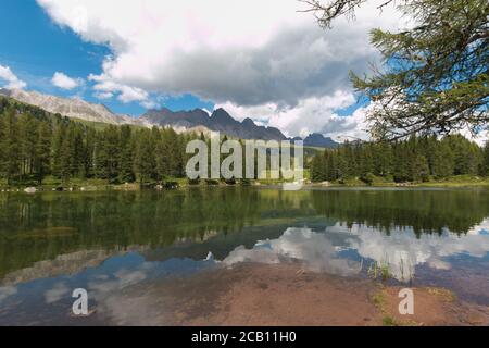 View of San Pellegrino lake in San Pellegrino pass: a high mountain pass in the Italian Dolomites, Trentino, Europe Stock Photo