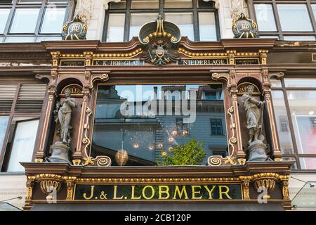 Vienna, Austria - August 8 2020: Lobmeyr Luxury Glass and Chandelier Retailer and Manuacturer Facade and Shop Window in the Kaerntner Strasse. Stock Photo