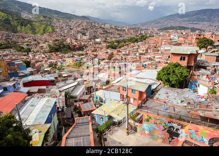 Medellin / Colombia - July 15, 2017: urban cityscape of the colorful Comuna 13 Stock Photo