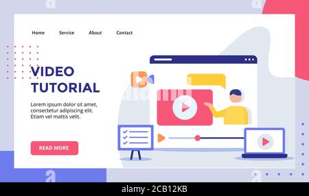 Video tutorial man on video playing campaign for web website home homepage landing page template banner with modern flat style. Stock Vector