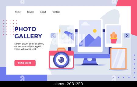 Photo gallery picture on display monitor campaign for web website home homepage landing page template banner with modern flat style Stock Vector